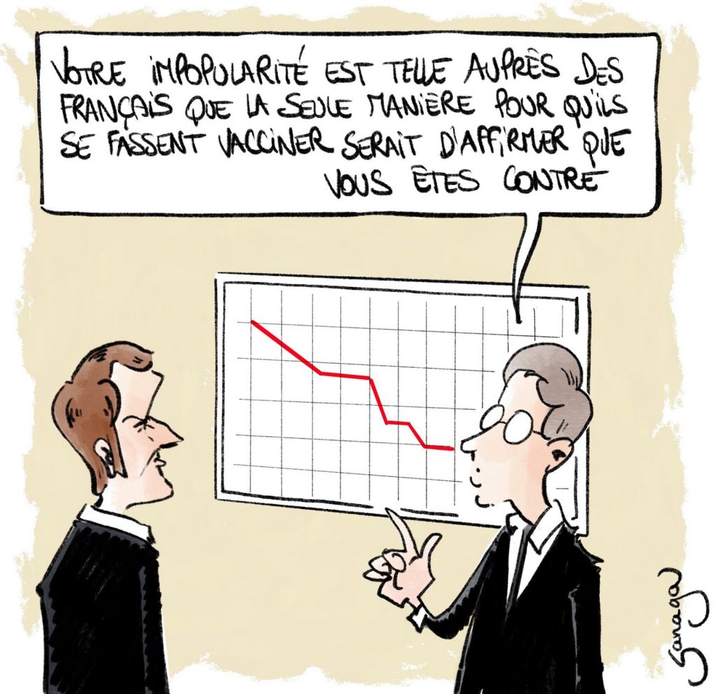 dessin presse humour Emmanuel Macron impopulaire image drôle vaccin anti-covid