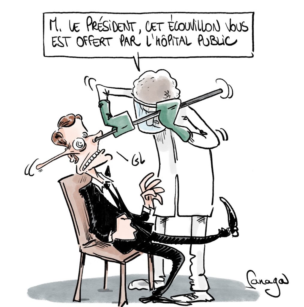 dessin presse humour coronavirus covid-19 image drôle Emmanuel Macron positif écouvillon