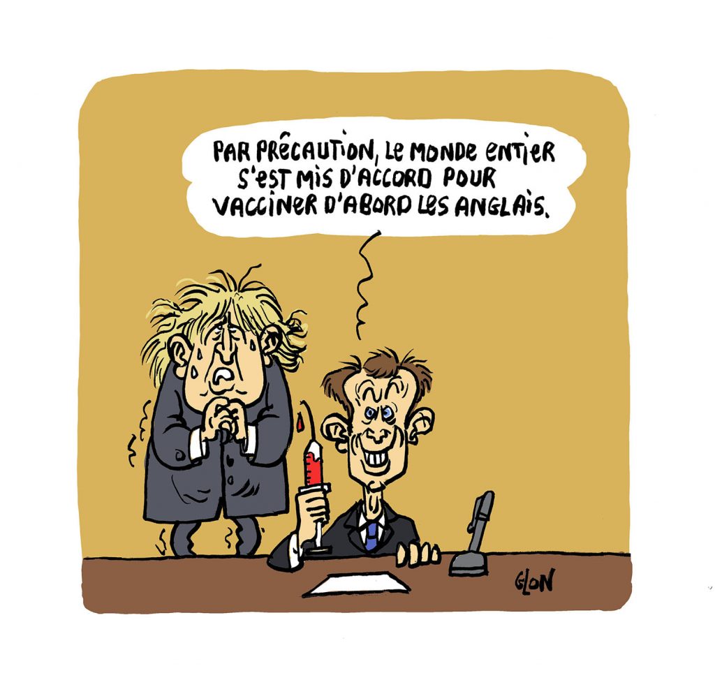 dessin presse humour vaccin anti-covid Anglais Emmanuel Macron image drôle coronavirus covid19