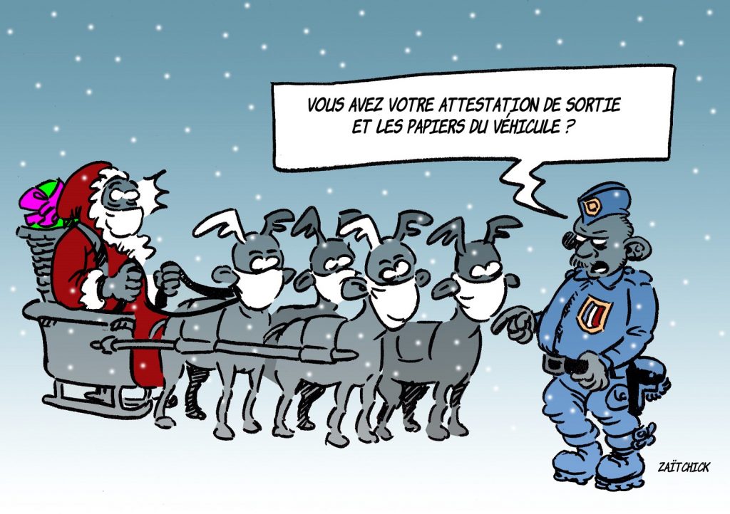 dessin presse humour coronavirus confinement image drôle Père Noël attestation sortie