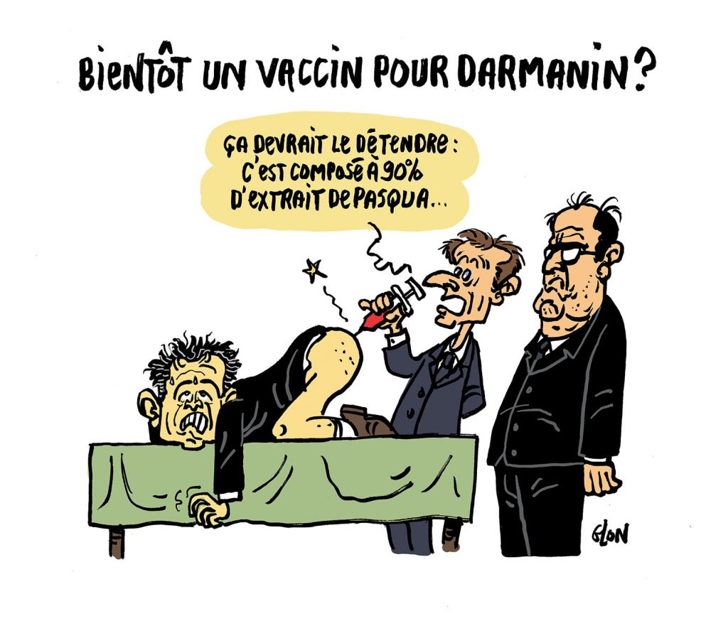 dessin presse humour Gérald Darmanin image drôle Emmanuel Macron vaccin violences policières