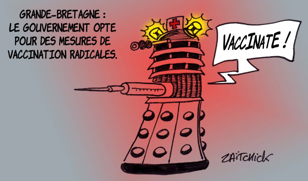 dessin presse humour coronavirus covid-19 image drôle vaccination Angleterre Doctor Who Dalek