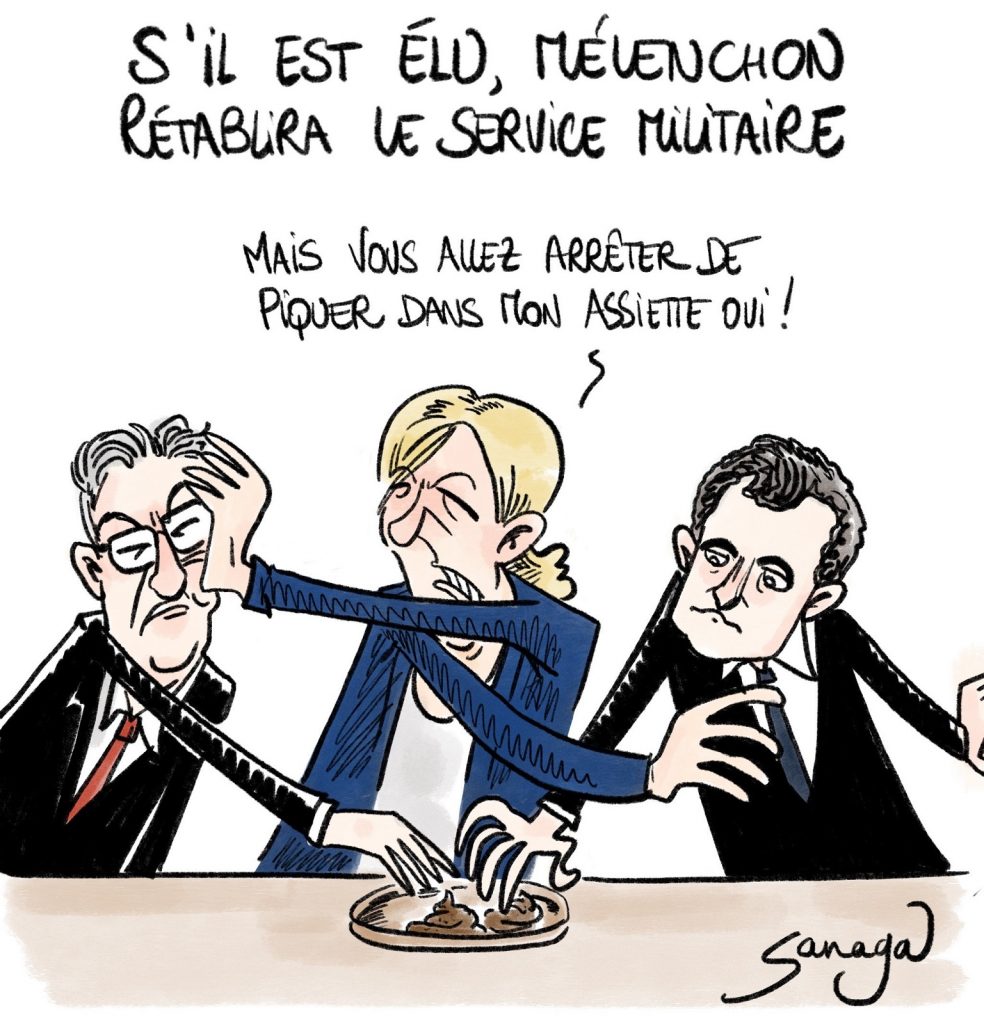 dessin presse humour Jean-Luc Mélenchon image drôle service militaire Marine Le Pen Gérald Darmanin