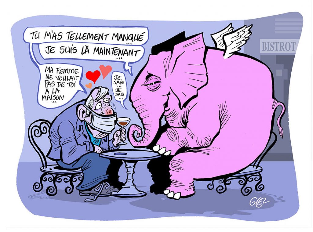 dessin presse humour coronavirus covid-19 image drôle crise sanitaire réouverture bars alcoolisme éléphant rose