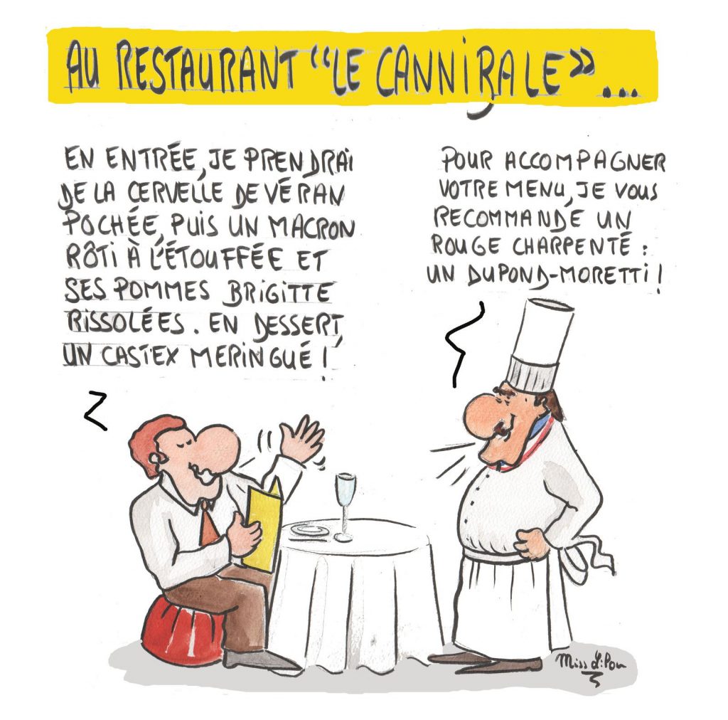 dessin presse humour restaurant cannibale image drôle gouvernement Emmanuel Macron