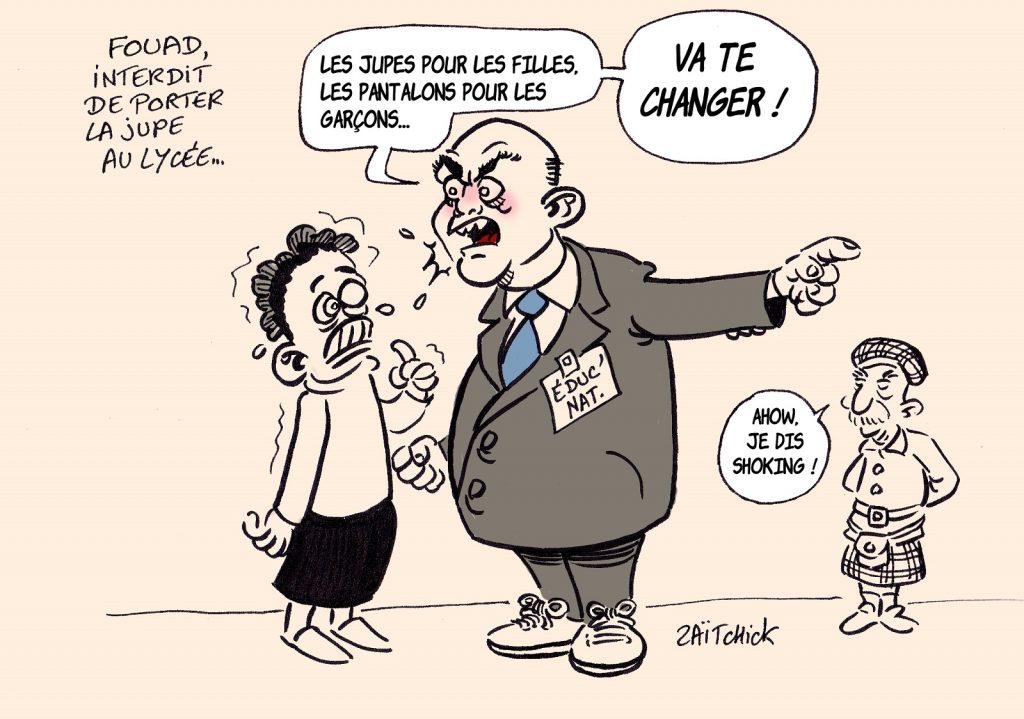 dessin presse humour Fouad transgenre image drôle suicide jupe Éducation National