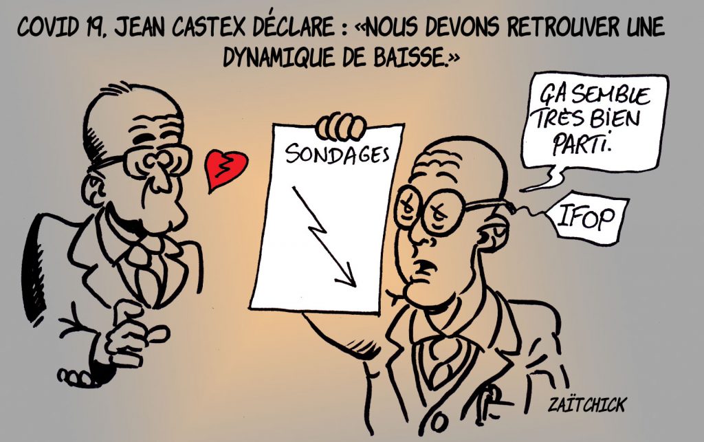 dessin presse humour coronavirus covid-19 image drôle Jean Castex dynamique baisse sondage