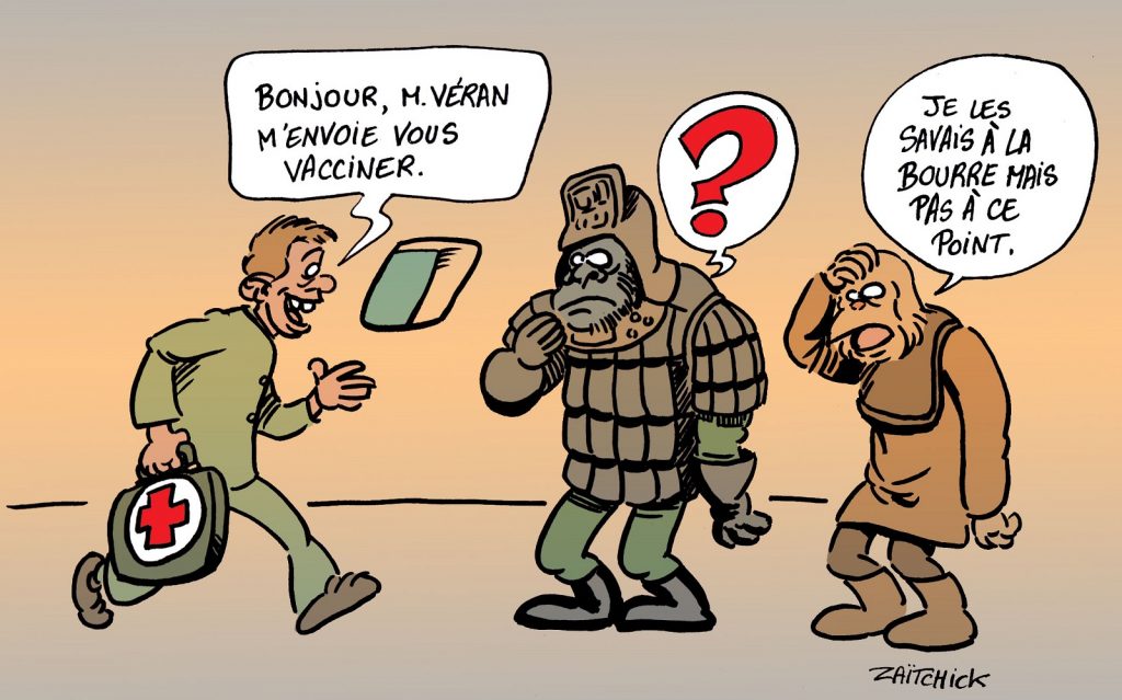 dessin presse humour coronavirus covid-19 image drôle Olivier Véran La Planète des Singes vaccination