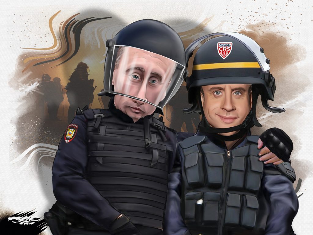 dessin presse humour Vladimir Poutine Emmanuel Macron image drôle état policier