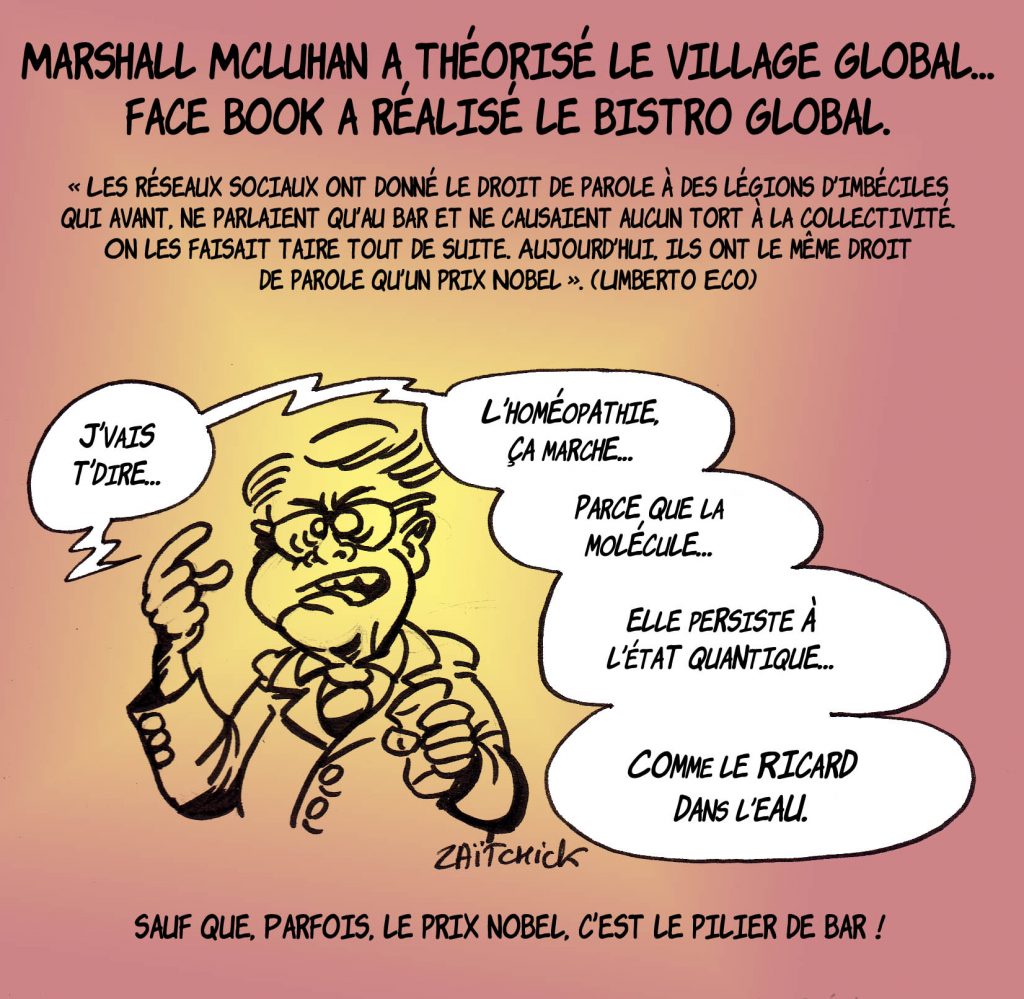 dessin presse humour village global image drôle réseaux sociaux Facebook Luc Montagnier