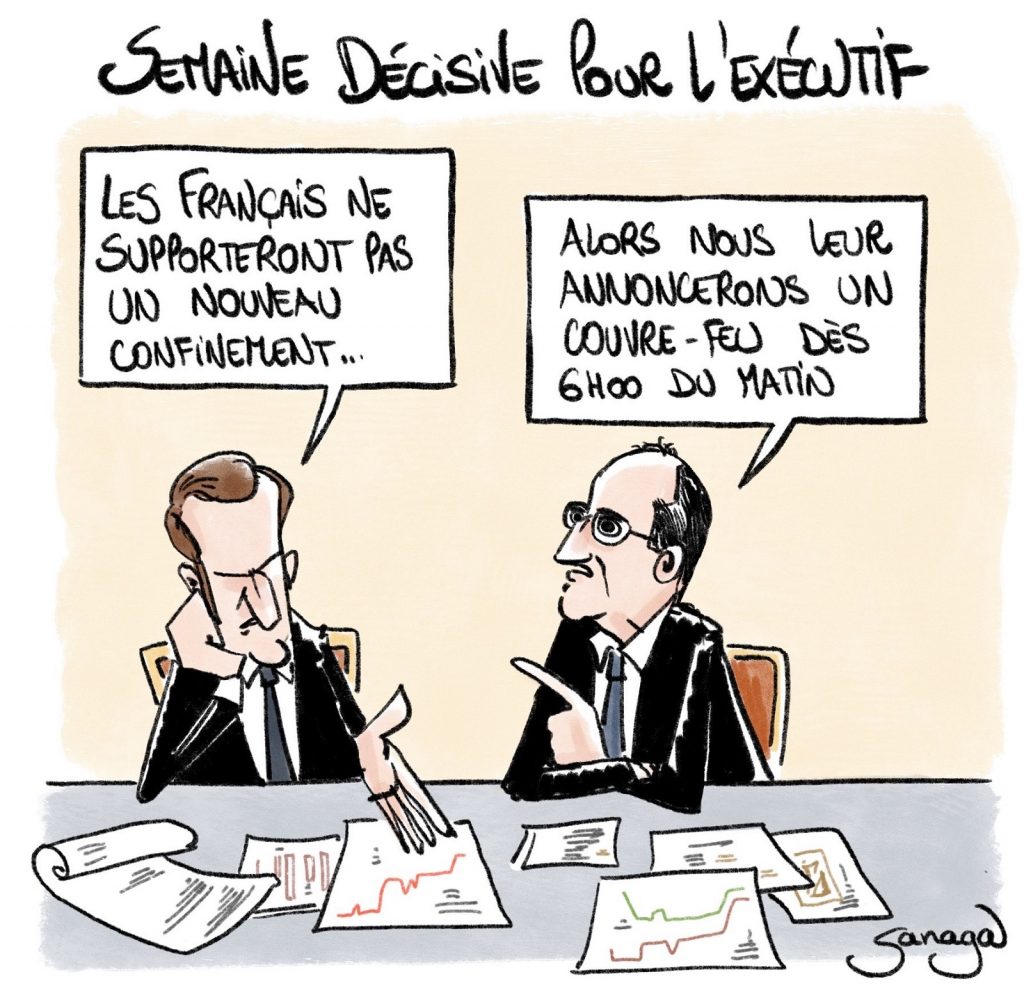 dessin presse humour coronavirus confinement Emmanuel Macron image drôle couvre-feu Jean Castex