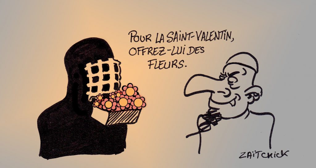 dessin presse humour saint valentin image drôle islamisme intégrisme fleurs burka