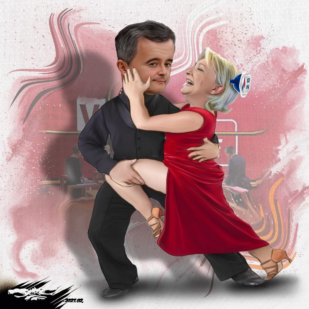 dessin presse humour Marine Le Pen image drôle Gérald Darmanin débat