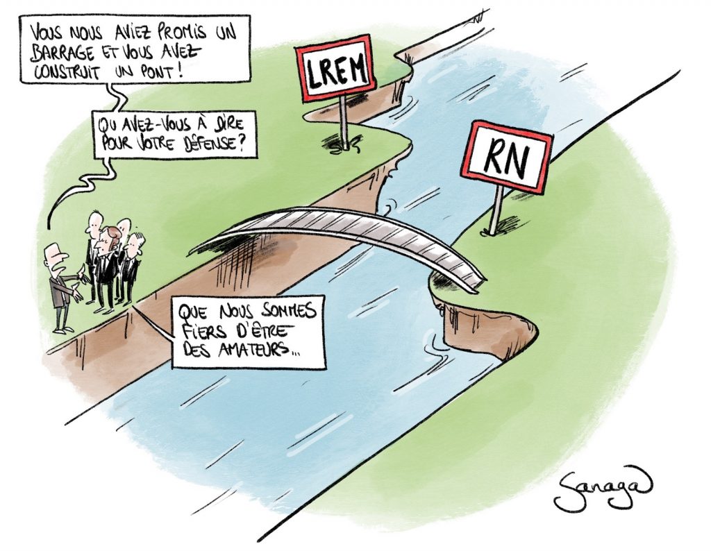 dessin presse humour LREM Rassemblement National image drôle promesse barrage pont