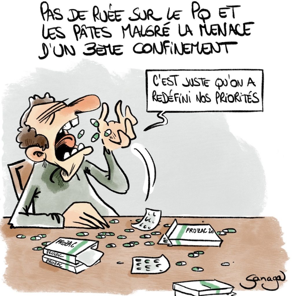 dessin presse humour coronavirus confinement image drôle ruée PQ pâtes Prozac