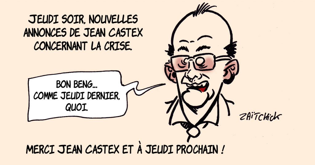 dessin presse humour coronavirus covid-19 image drôle Jean Castex conférence presse