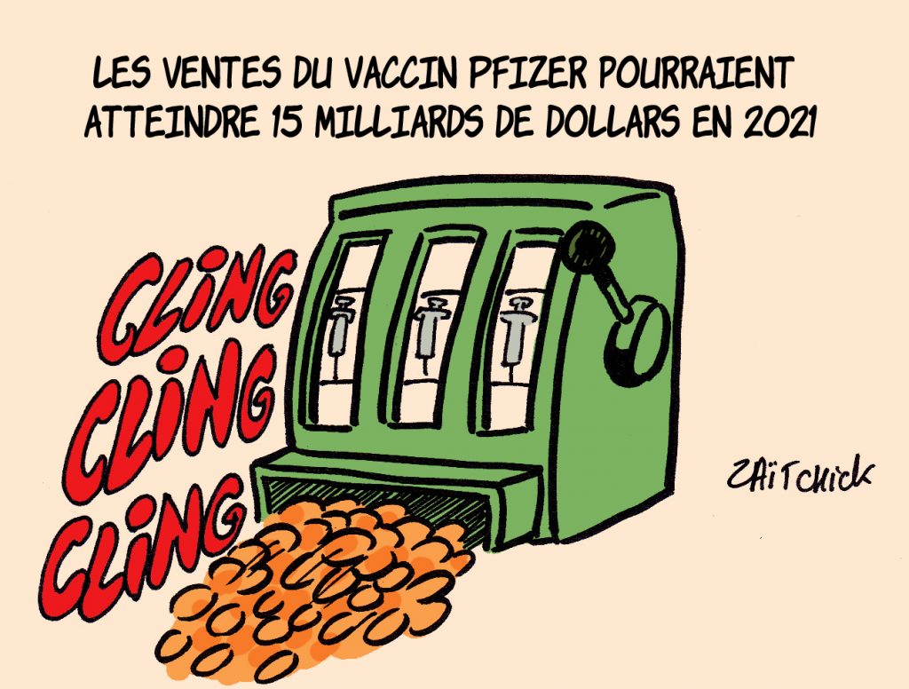 dessin presse humour coronavirus covid-19 image drôle bandit manchot vente vaccin Pfizer
