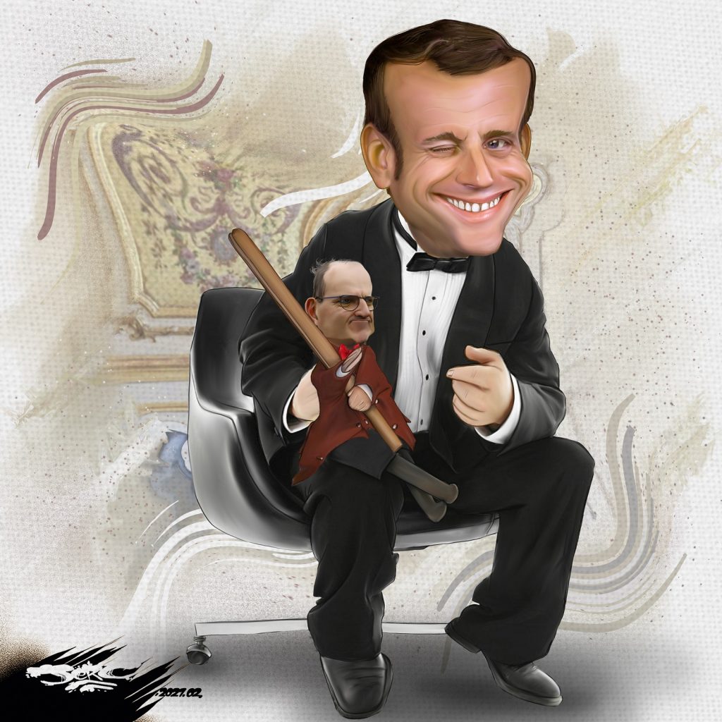 dessin presse humour Emmanuel Macron image drôle Jean Castex marionnette