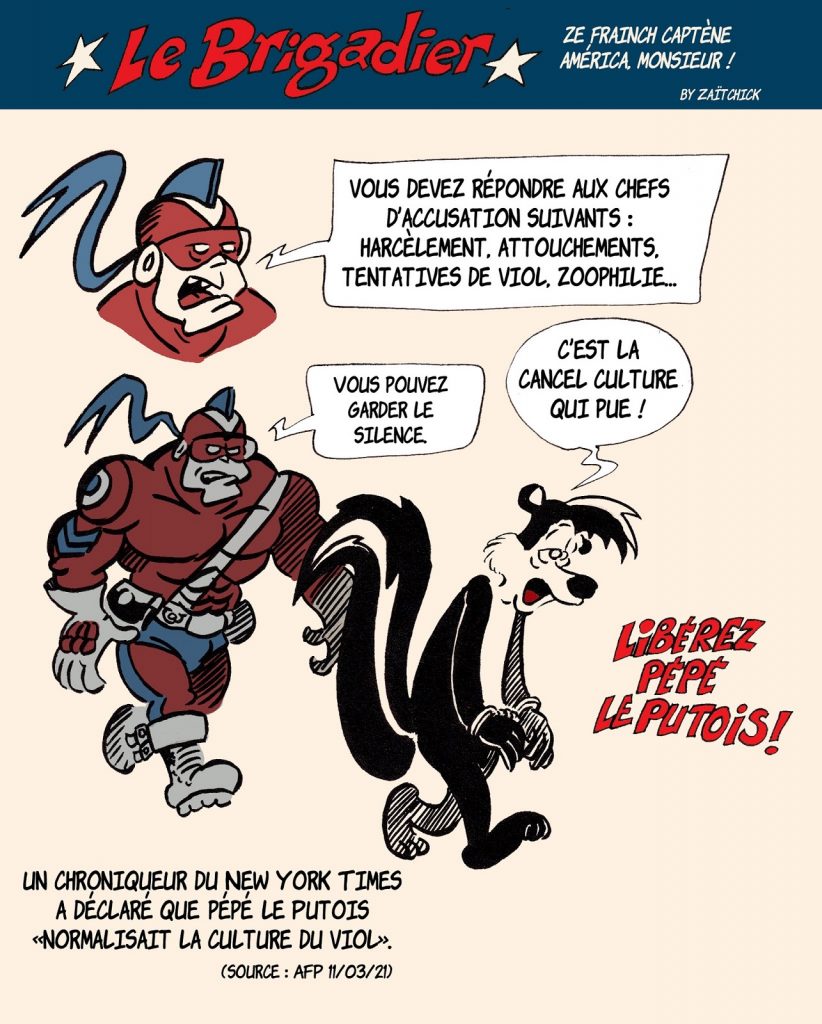 image drôle Le Brigadier dessin humour Pépé le Putois Cancel Culture