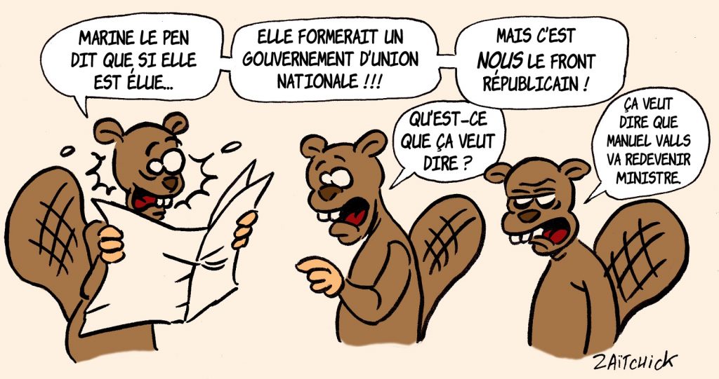 dessin presse humour élection présidentielle 2022 image drôle castors barrage Marine Le Pen