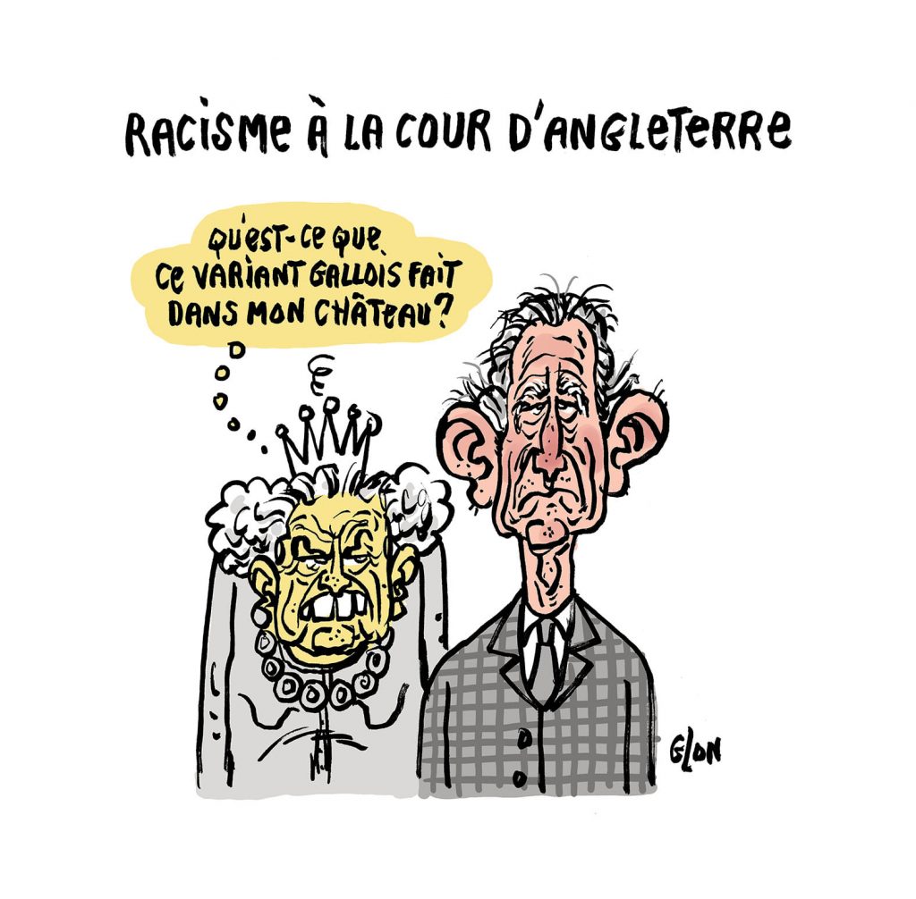 dessin presse humour Charles de Galles image drôle Élisabeth II racisme