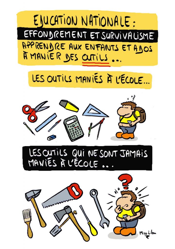 dessin presse humour collapsologie effondrement image drôle Éducation Nationale