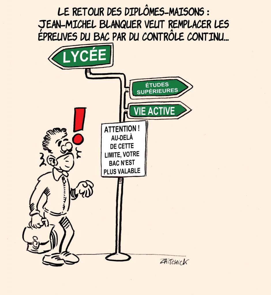 dessin presse humour Baccalauréat contrôle continu image drôle Jean-Michel Blanquer