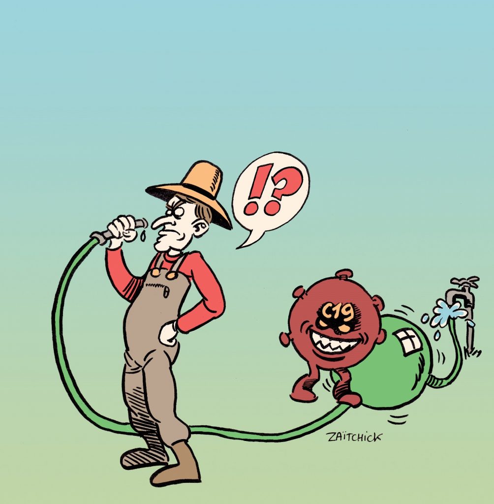 dessin presse humour coronavirus covid-19 image drôle Emmanuel Macron arroseur arrosé