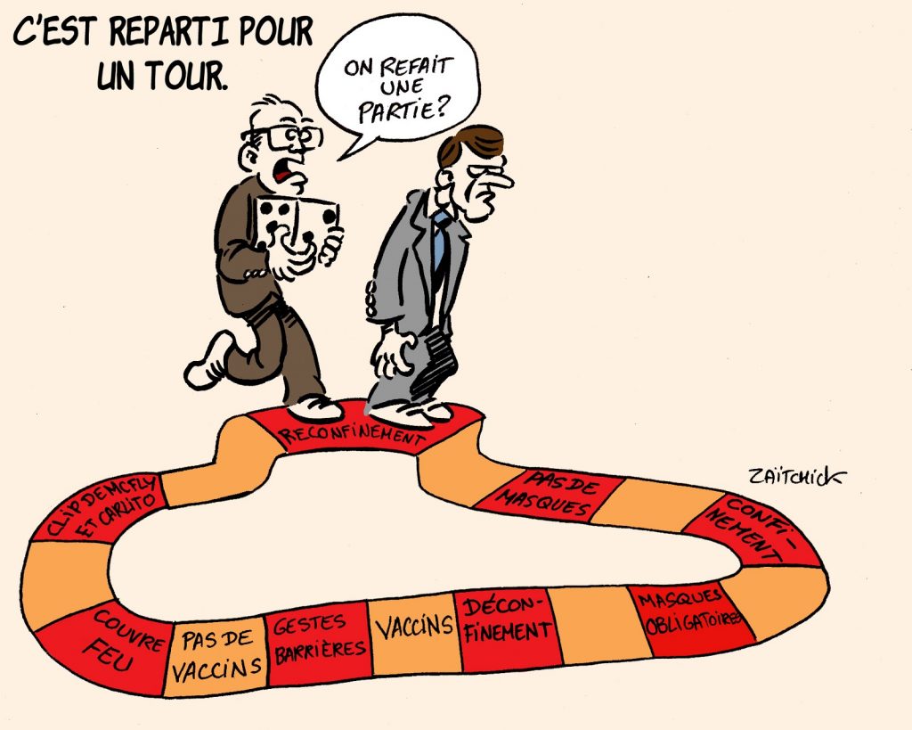 dessin presse humour Emmanuel Macron coronavirus image drôle Jean Castex reconfinement