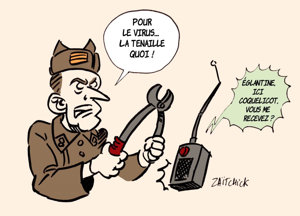 dessin presse humour coronavirus covid-19 image drôle Emmanuel Macron la tenaille