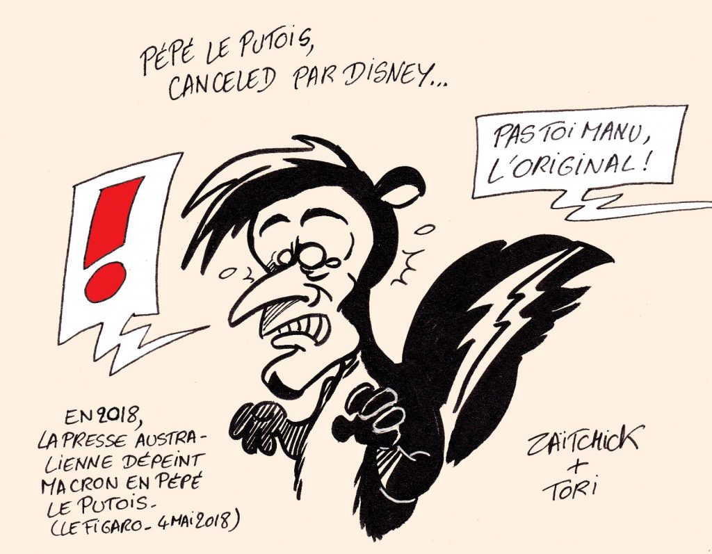 dessin presse humour Cancel Culture image drôle Pépé le Putois Emmanuel Macron