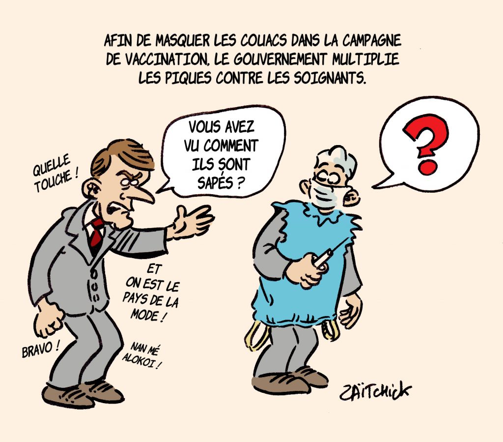 dessin presse humour coronavirus covid-19 image drôle Emmanuel Macron couacs vaccination