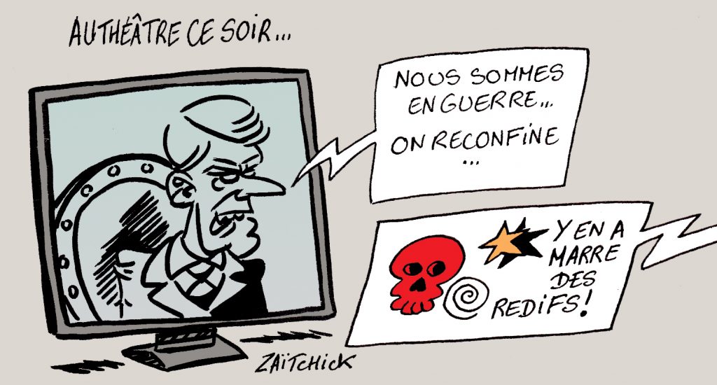 dessin presse humour coronavirus covid-19 image drôle Emmanuel Macron allocution confinement