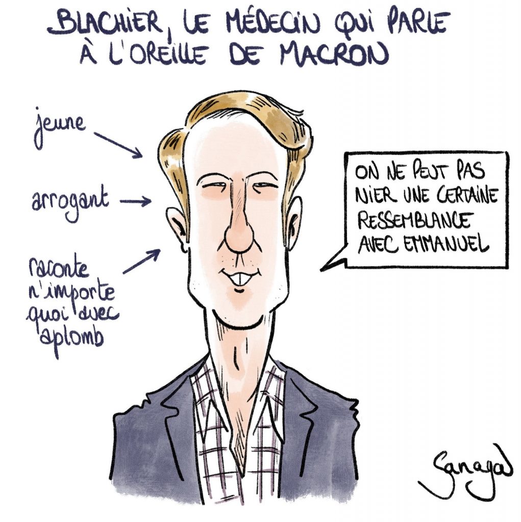 dessin presse humour Martin Blachier coronavirus image drôle Emmanuel Macron jeunesse arrogance