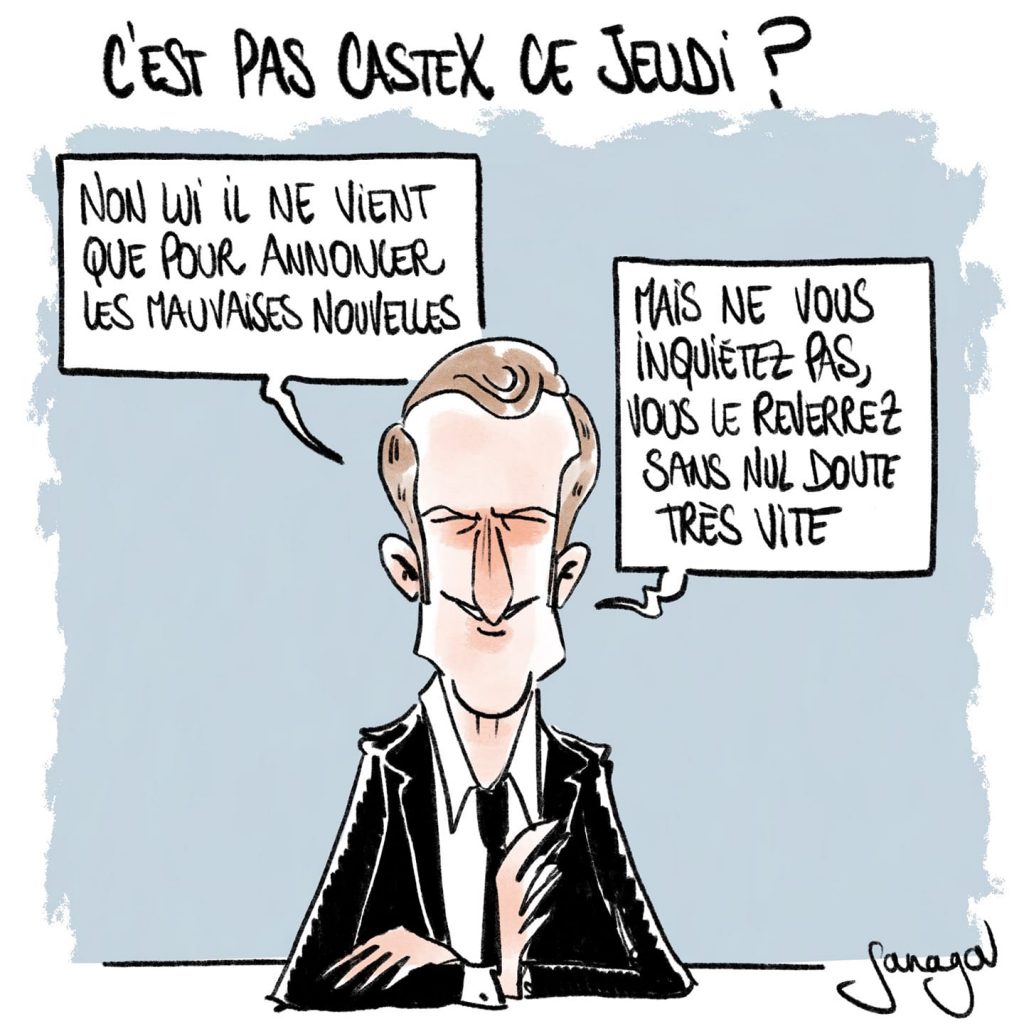 dessin presse humour coronavirus covid-19 Emmanuel Macron image drôle jeudi Jean Castex