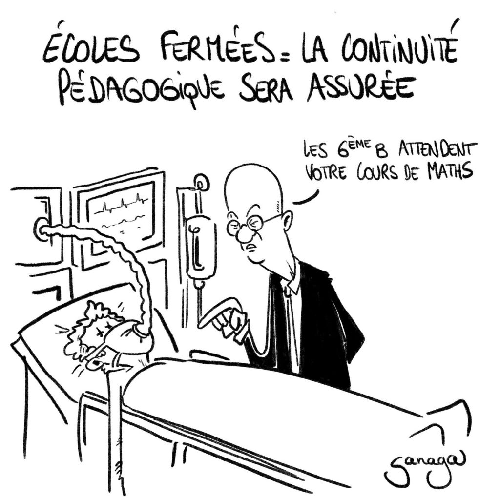 dessin presse humour coronavirus covid19 réanimation image drôle Jean-Michel Blanquer continuité pédagogique