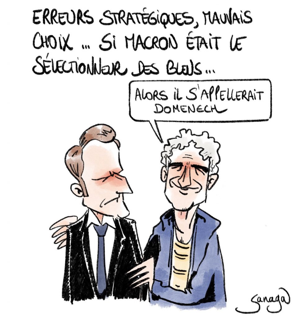 dessin presse humour coronavirus covid-19 image drôle Emmanuel Macron sélectionneur bleus