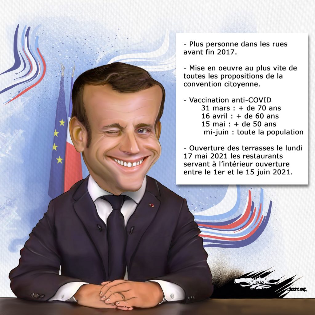 dessin presse humour Emmanuel Macron image drôle promesses mensonges déclarations