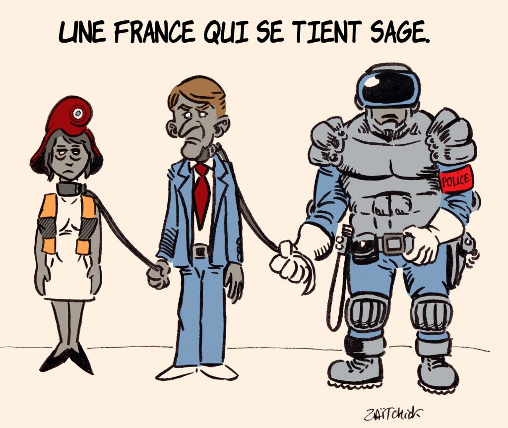 dessin presse humour Emmanuel Macron police image drôle État policier sagesse