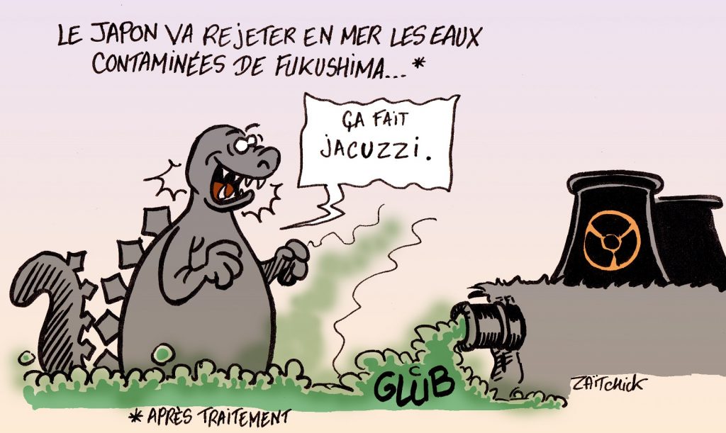 dessin presse humour Fukushima eau radioactive image drôle rejet océan Godzilla jacuzzi