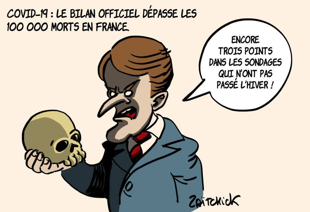 dessin presse humour coronavirus covid-19 image drôle morts victimes Emmanuel Macron sondages