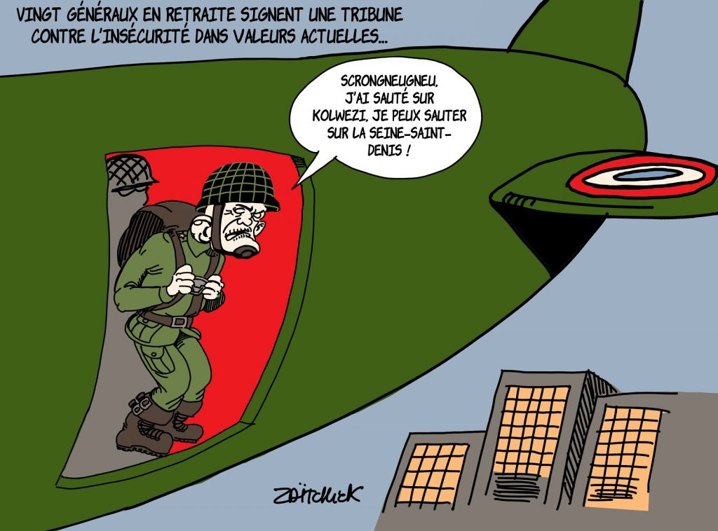 dessin presse humour tribune généraux Valeurs Actuelles image drôle retraités insécurité