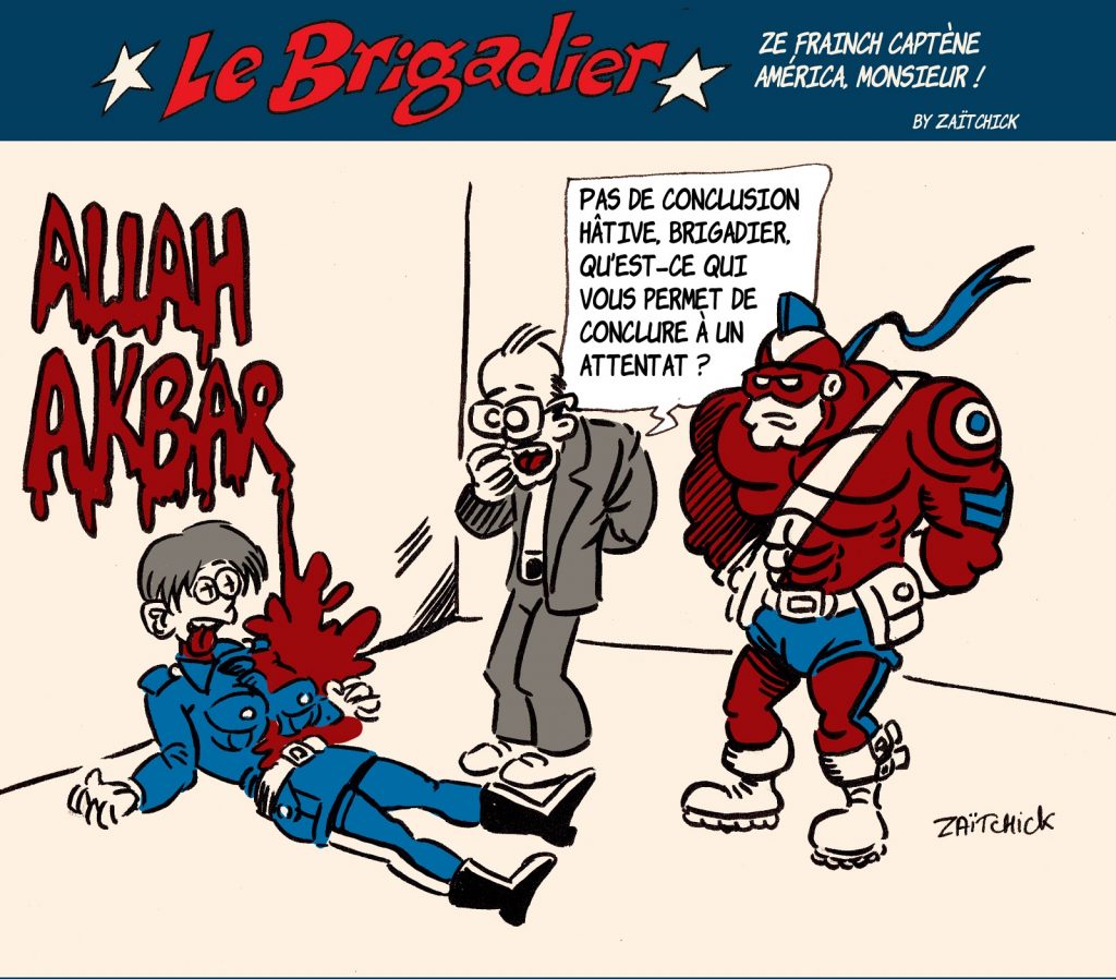 image drôle Le Brigadier dessin humour France attentat terroriste islamiste Rambouillet attaque couteau Jean Castex