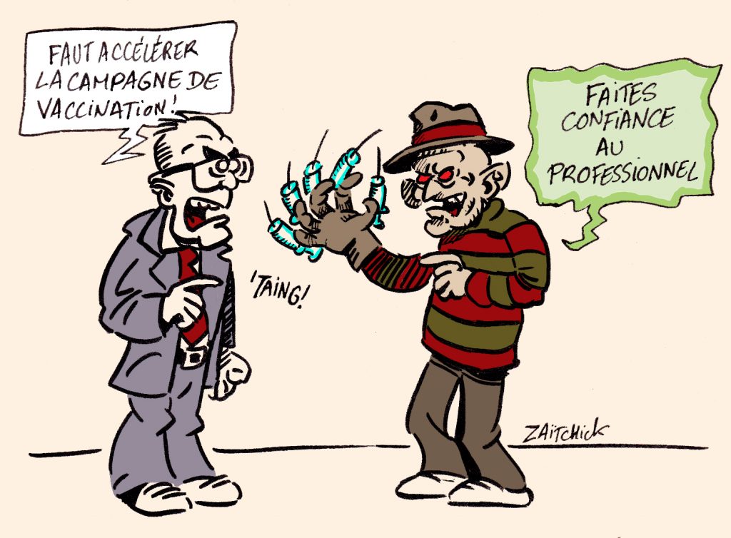 dessin presse humour coronavirus covid-19 image drôle Jean Castex Freddy Krueger campagne vaccination