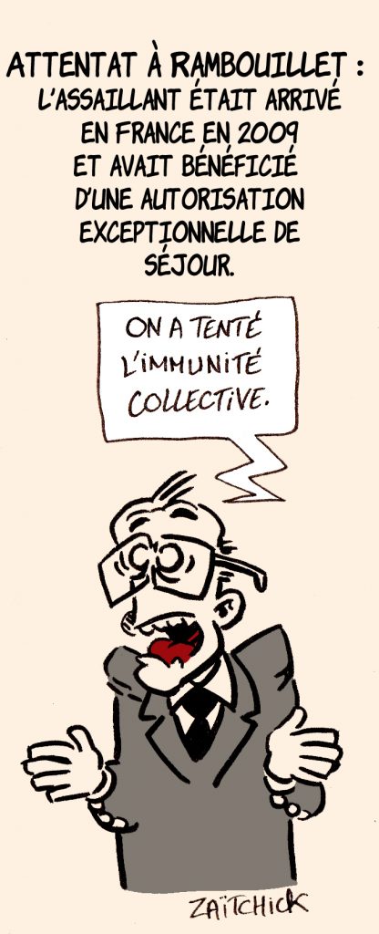 dessin presse humour France attentat terroriste islamiste image drôle Rambouillet attaque couteau immunité collective