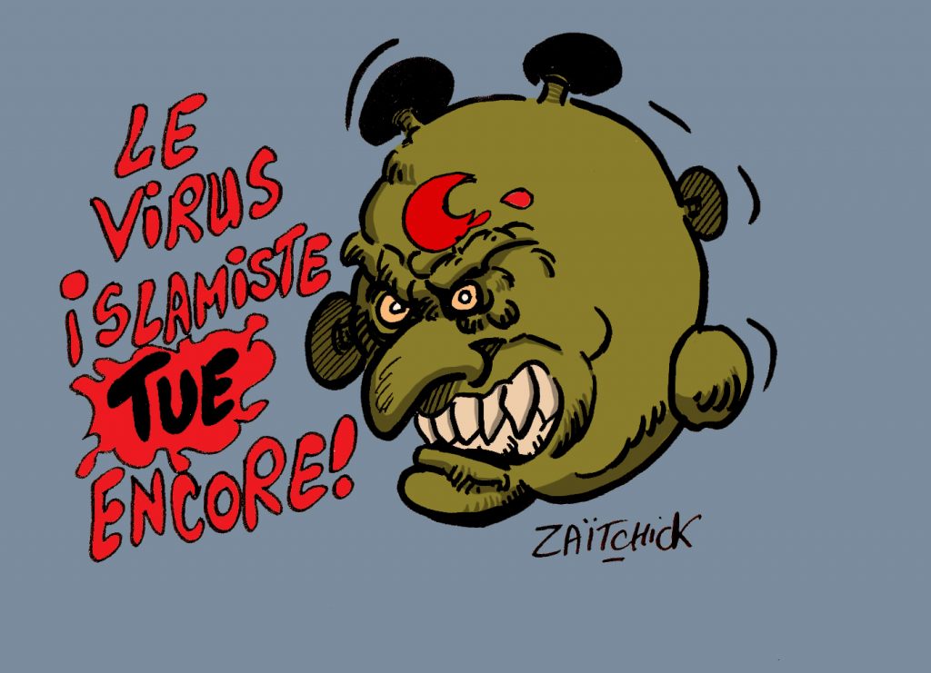 dessin presse humour France attentat terroriste image drôle Rambouillet attaque couteau virus islamiste