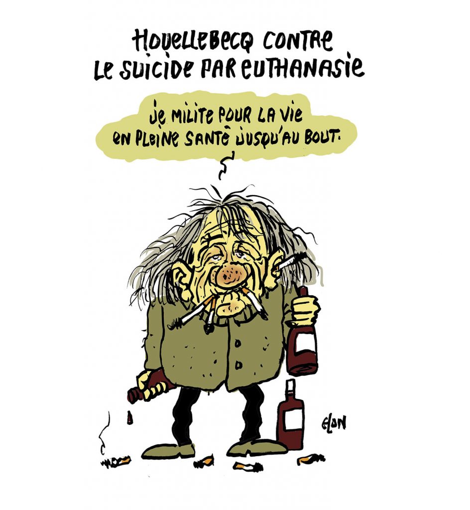 dessin presse humour Michel Houellebecq image drôle suicide par euthanasie