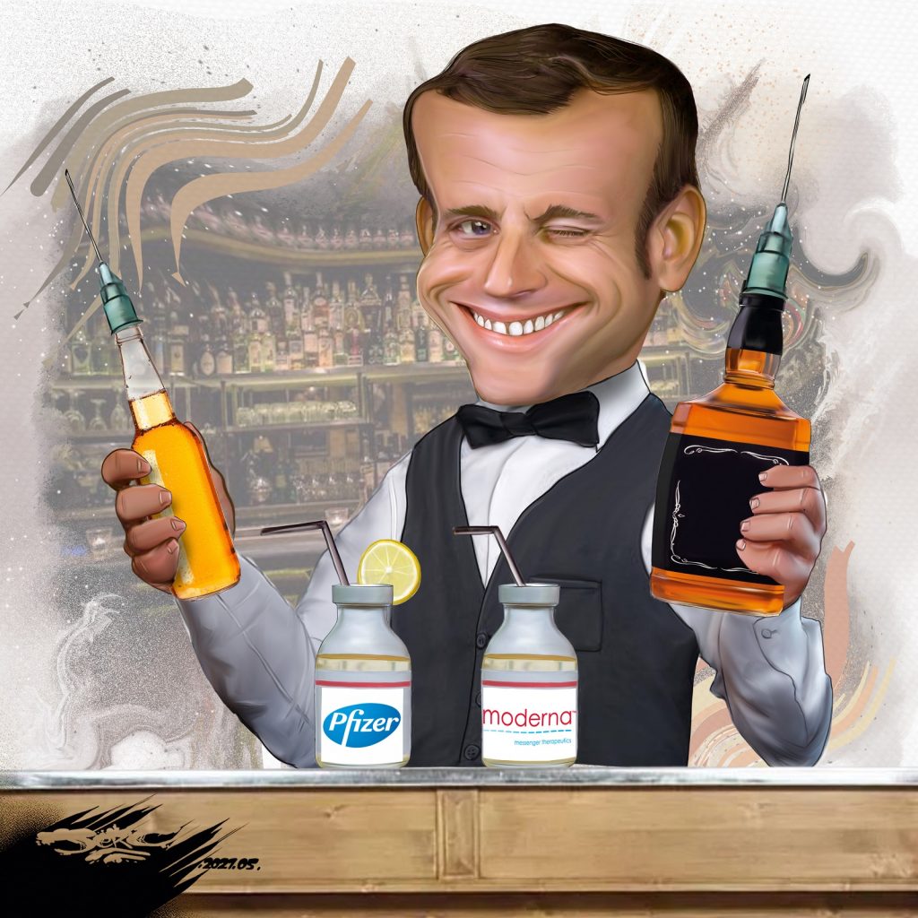 dessin presse humour Emmanuel Macron image drôle coronavirus vaccination cocktail Pfizer Moderna