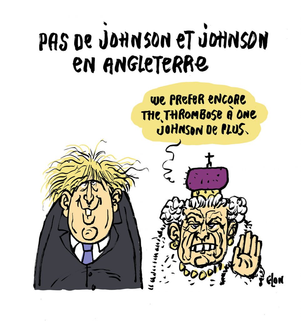 dessin presse humour coronavirus covid19 Boris Johnson image drôle vaccin Johnson & Johnson thrombose