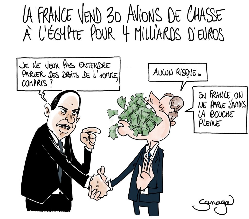 dessin presse humour Abdel Fattah al-Sissi Égypte image drôle vente Rafale Emmanuel Macron